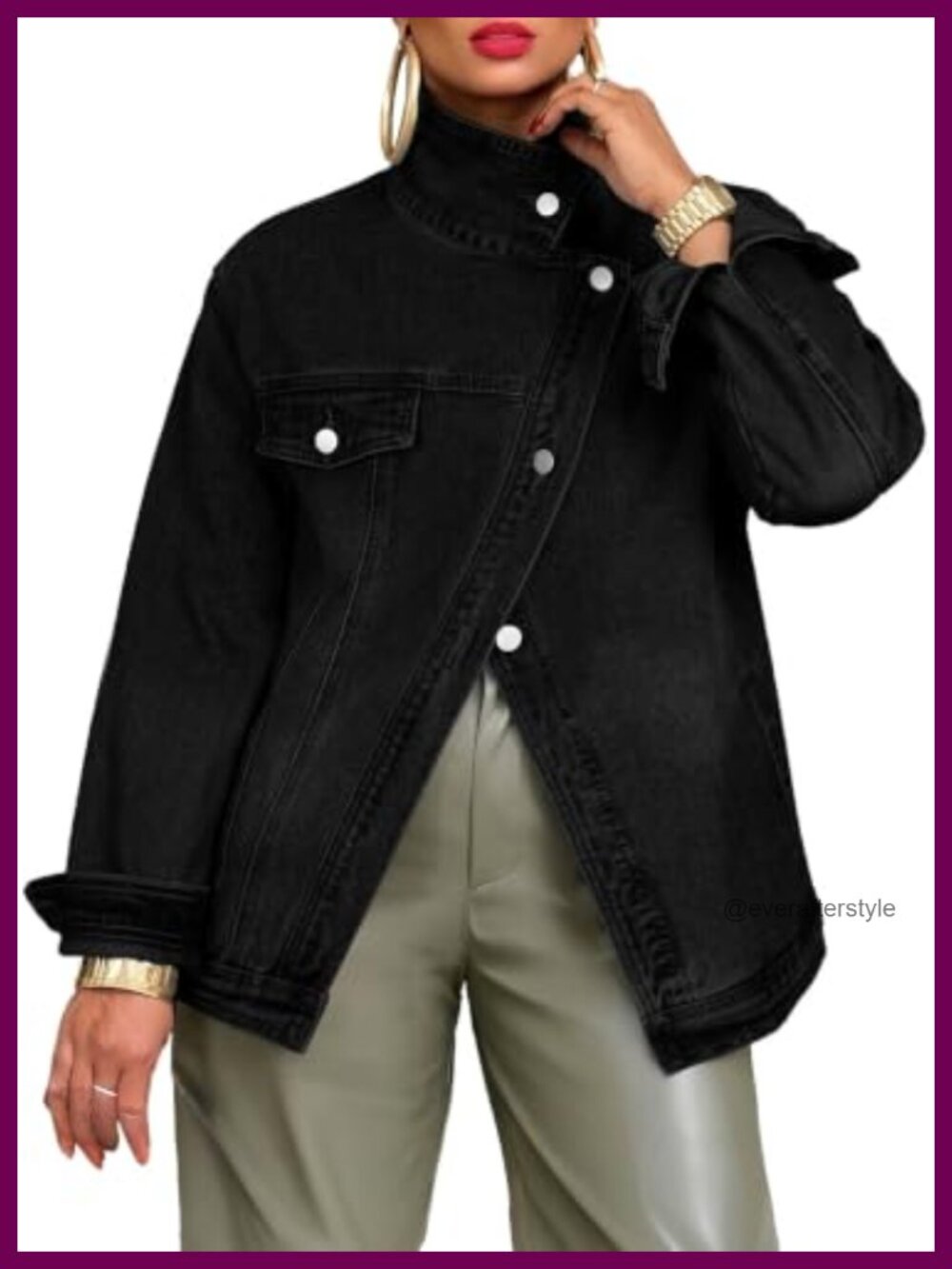 Oversized Washed Denim Jacket High Neck Asymmetrical Button Streetwear Coat